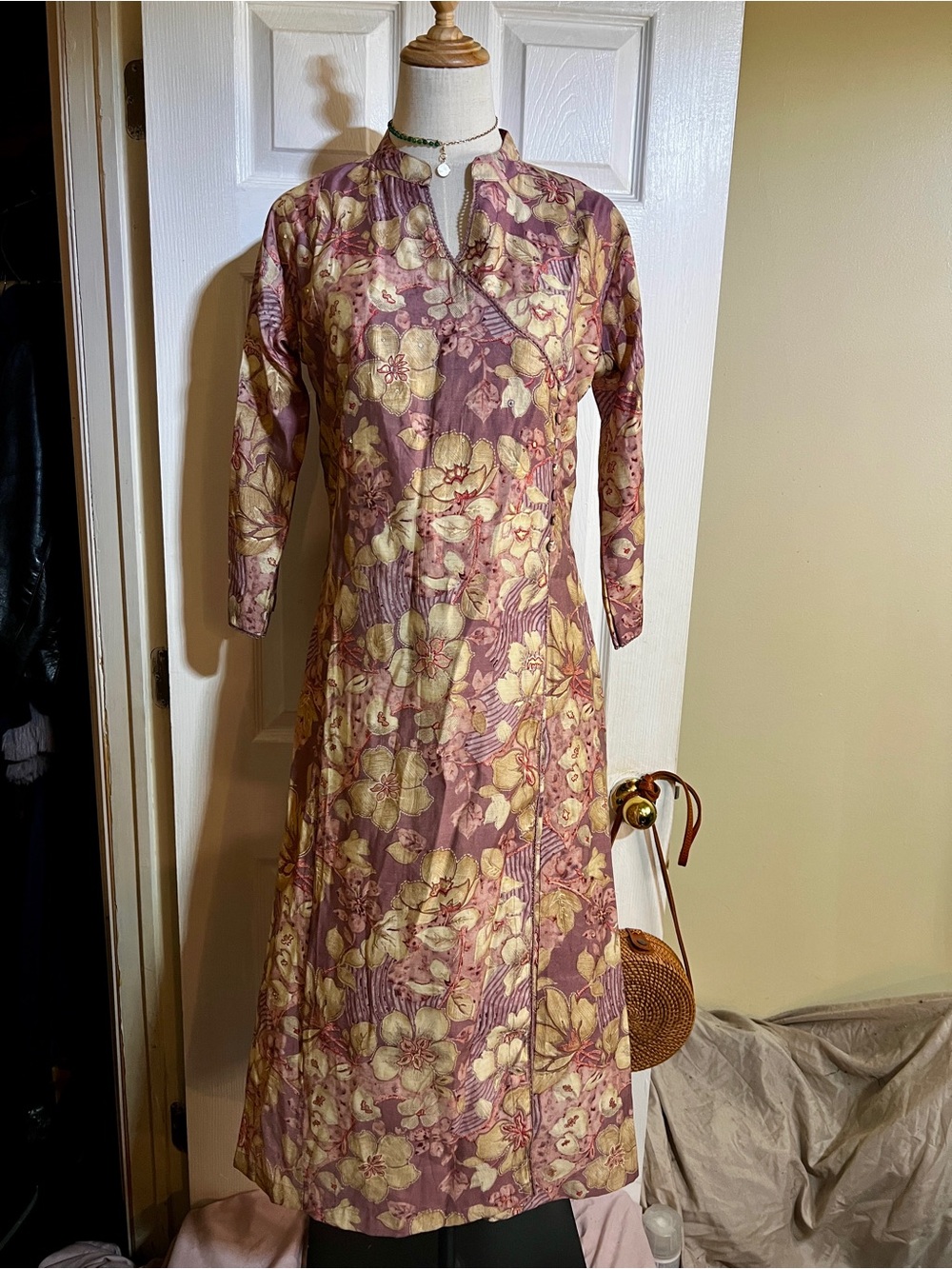 Ethnic‎ Wms Cotton Muslin Floral Lilac Boho Sequin Wrap Side Slits Midi Kaftan L